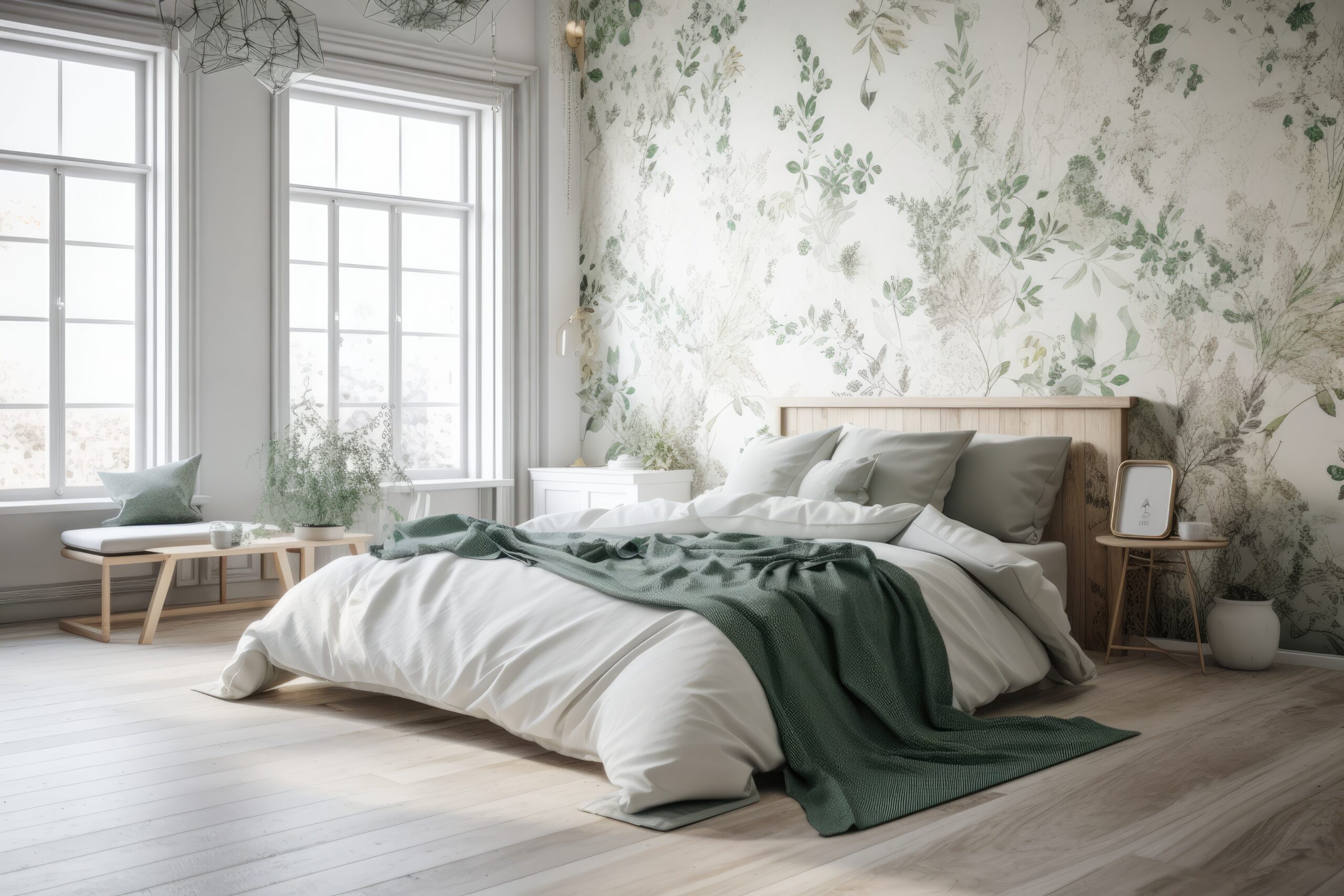 Master bedroom with large windows and green and white floral wallpaper
