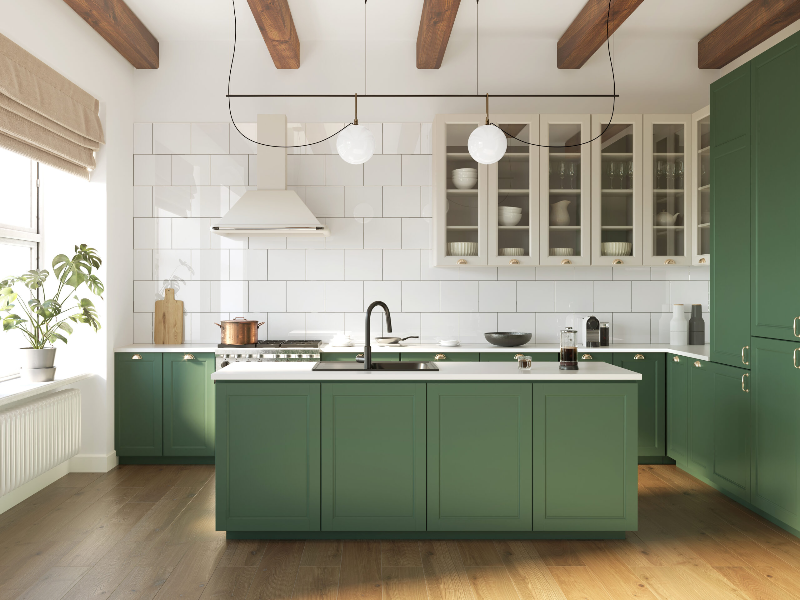 Green cabinets in rustic kitchen