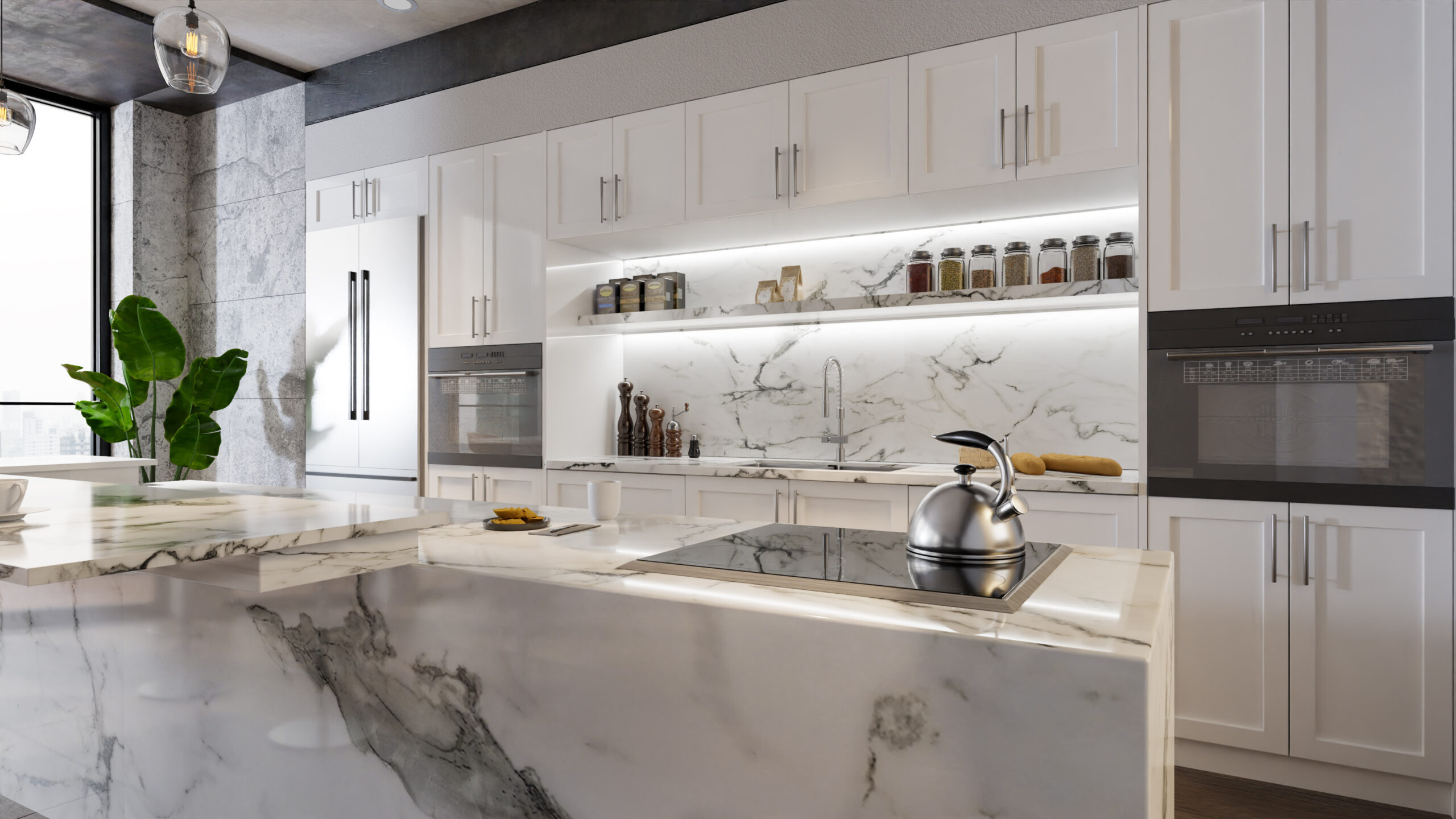 Close-up of clean, modern kitchen with white and gray marble countertops